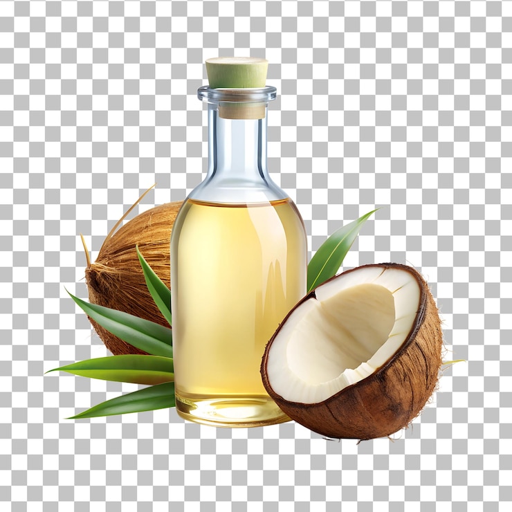 PSD coconuts with oil in bottle isolate on transparent background