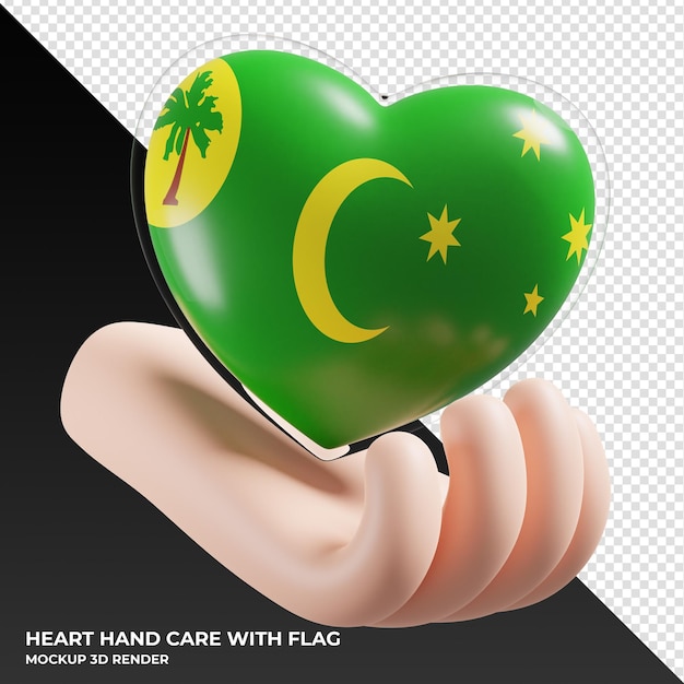 Cocos keeling islands flag with heart hand care realistic 3d textured