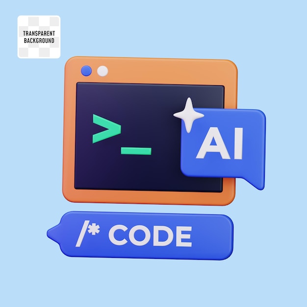 code editor screen window app with ai chatbot copilot coding assistant 3d render icon illustration design