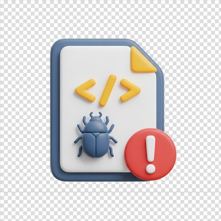 PSD code file with a bug symbol for debugging a 3d rendered programming error icon
