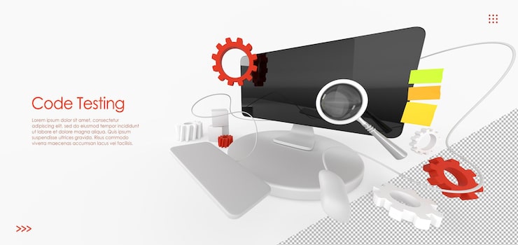 PSD code testing isometric landing page concept of search errors and bugs in software quality control of website or app programming test with computer on desk magnifier and stickers