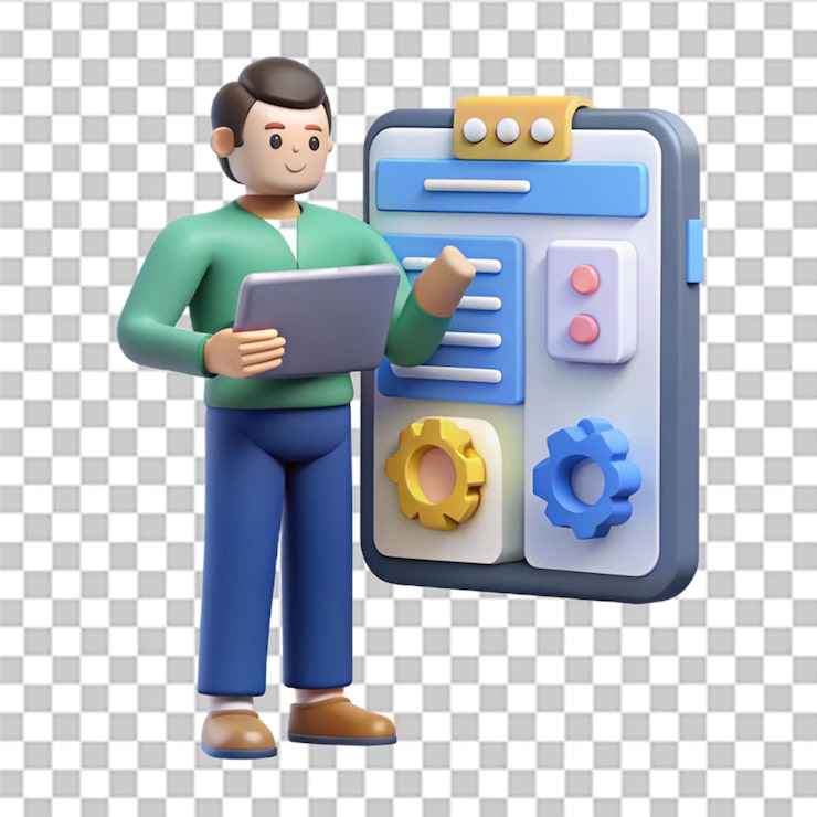 PSD coding language development connect application on smartphone software developer concept coding language programming interface web uiux system design minimal cartoon style 3d render illustration