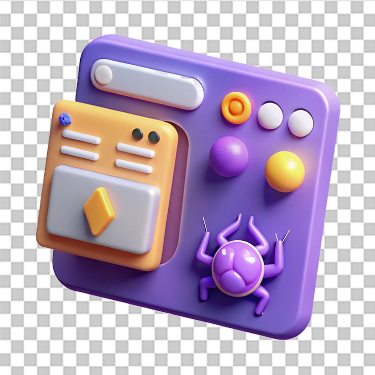 PSD coding language website development floating on purple background software developer concept bug system warning symbol web uiux design program data minimal cartoon style 3d render illustration