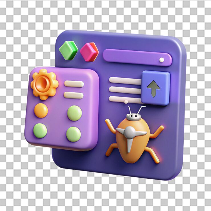 PSD coding language website development floating on purple background software developer concept bug system warning symbol web uiux design program data minimal cartoon style 3d render illustration