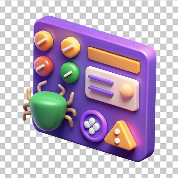 PSD coding language website development floating on purple background software developer concept bug system warning symbol web uiux design program data minimal cartoon style 3d render illustration