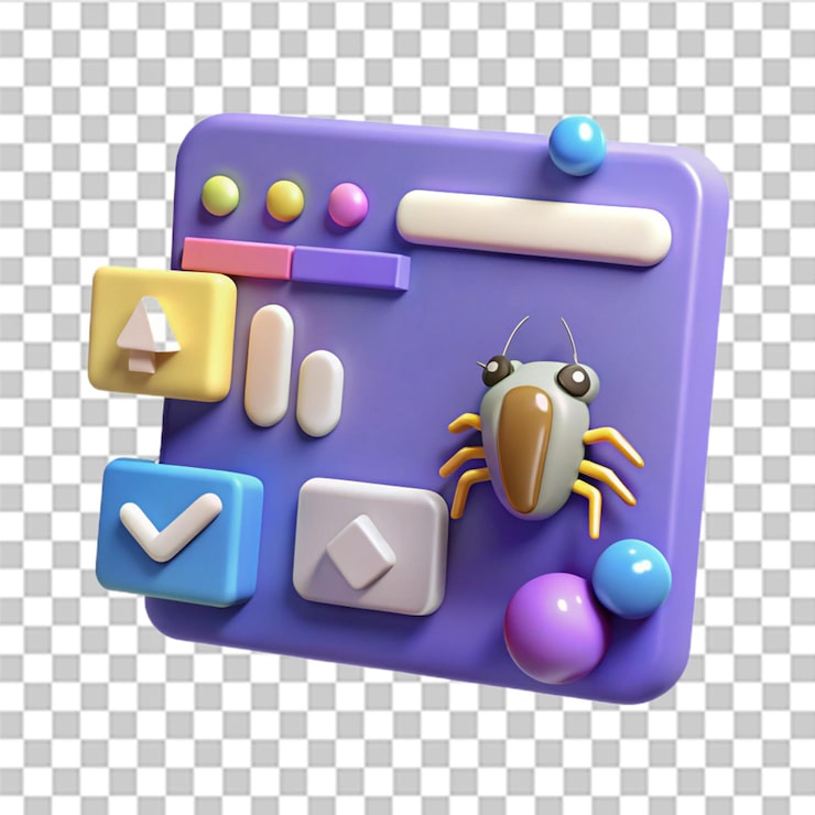 PSD coding language website development floating on purple background software developer concept bug system warning symbol web uiux design program data minimal cartoon style 3d render illustration