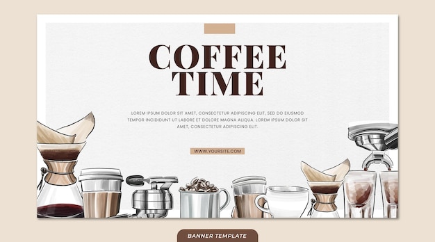 PSD coffe time banner template with hand drawn illustration