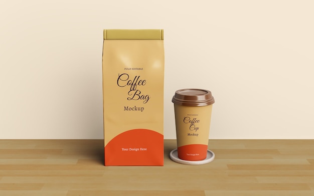 コーヒーバッグとコーヒーカップのパッケージのモックアップデザイン
