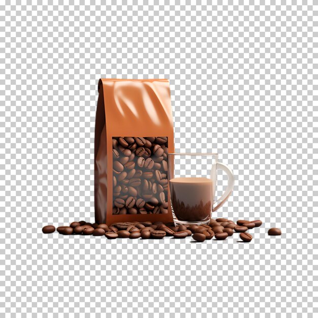 PSD coffee bag with coffee beans isolated on transparent background