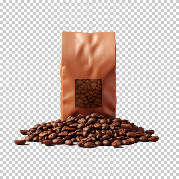 PSD coffee bag with coffee beans isolated on transparent background