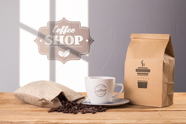 PSD coffee bag with cup beside