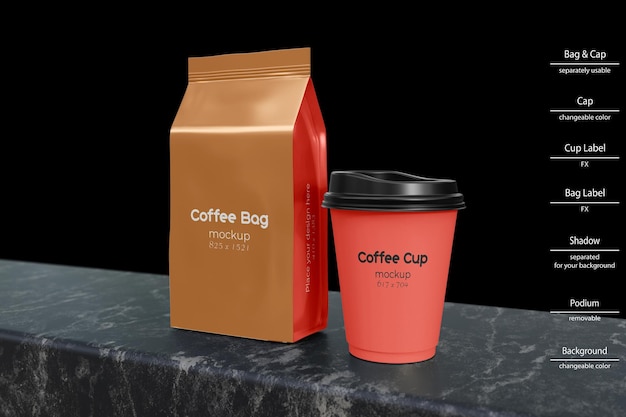 Borsa da caffè con tazza mockup