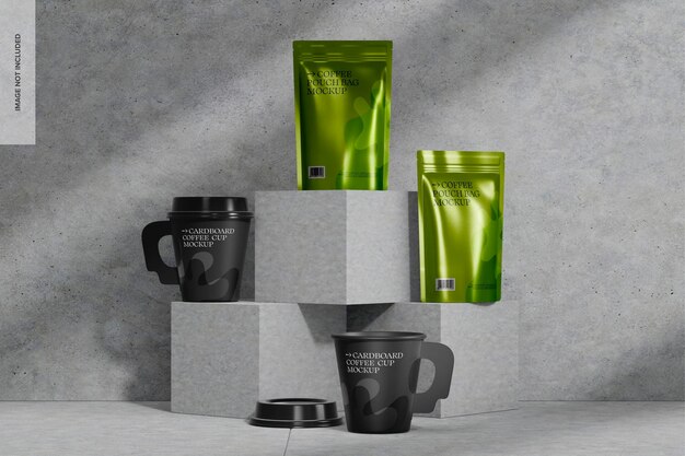 PSD coffee bags with paper cups mockup