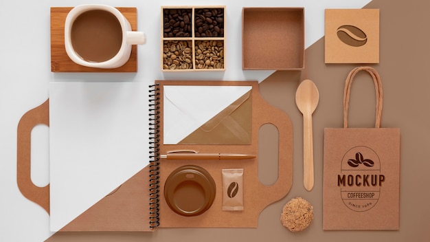 PSD coffee beans and branding items flat lay