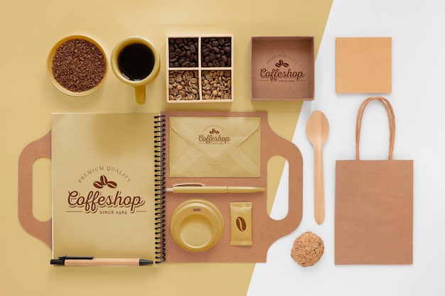 PSD coffee beans and branding items above view