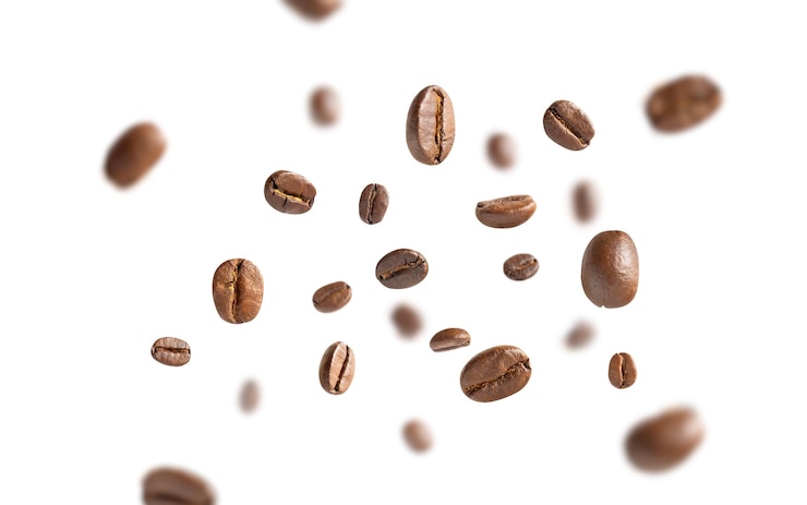 PSD coffee beans levitate roasted coffee beans flying on white background