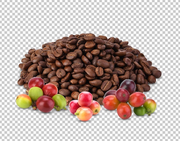 Coffee beans and red ripe coffee isolated on white background