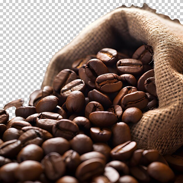 Coffee beans spilling from sack isolated on transparent background