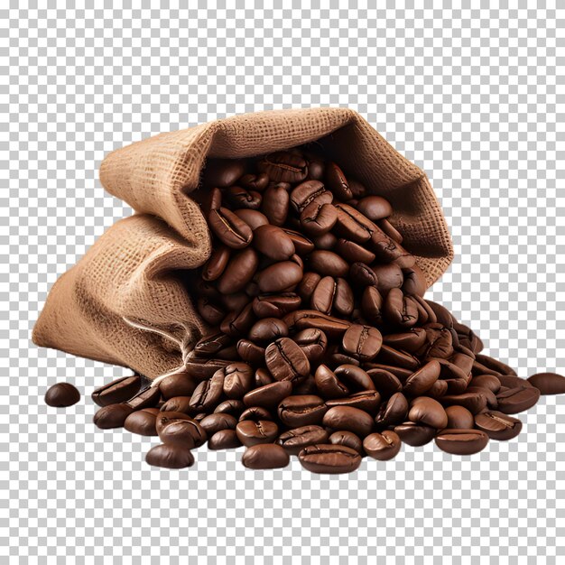 Coffee beans spilling from sack isolated on transparent background