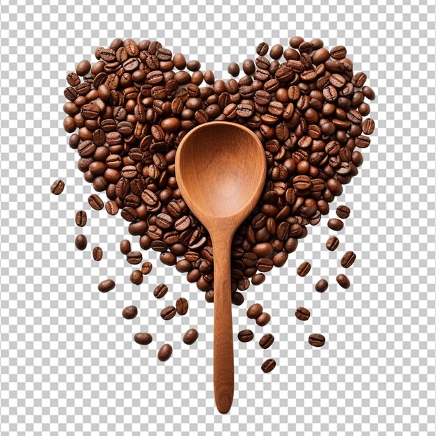 Coffee beans and spoon form a large heart isolated on white background