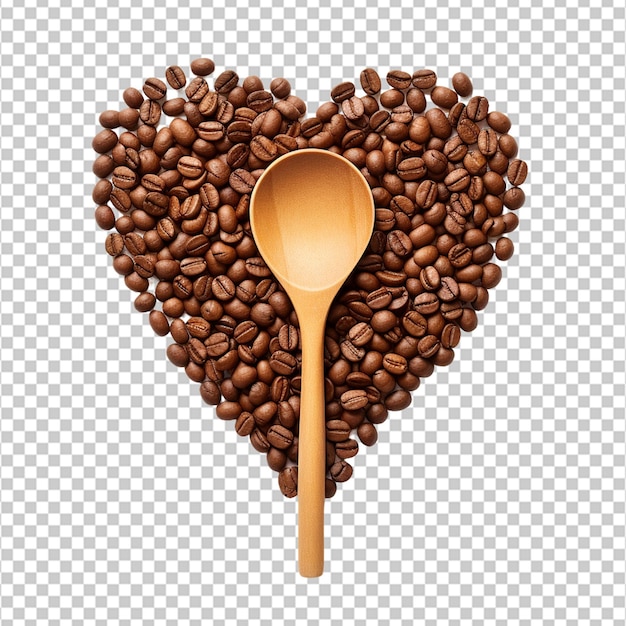 I chicchi di caffè e il cucchiaio formano un grande cuore isolato su uno sfondo bianco