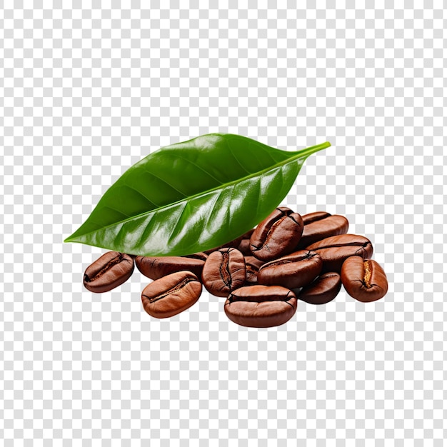 PSD Кофейные зерна с зелеными листьями, выделенные на белом фоне
