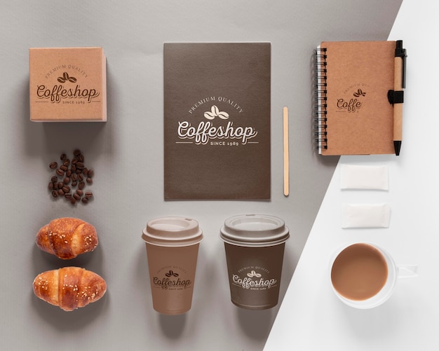 PSD coffee branding items assortment top view