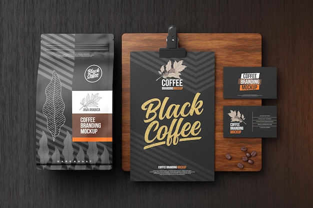 PSD coffee branding mockup in black theme