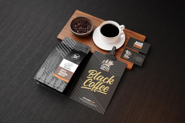 Coffee branding mockup in black theme