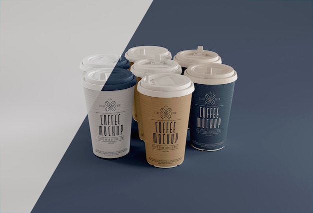 PSD coffee branding with cups high angle