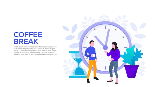 PSD coffee break concept with people and clock flat illustration
