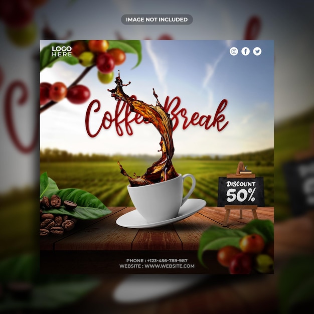 Modello di banner quadrato per la promozione dei social media per la pausa caffè