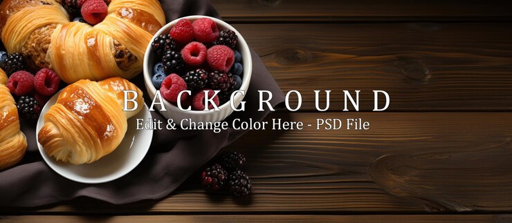 PSD コーヒークロワッサンオレンジジュースシナモンロールそして朝食のベリー木製のテーブルの上であなたのテキスト
