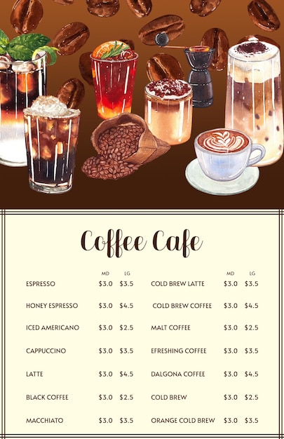 コーヒー文化メニューの水彩のテンプレート