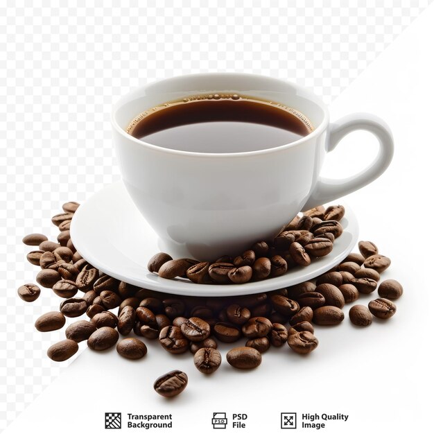 Coffee cup and coffee beans on table