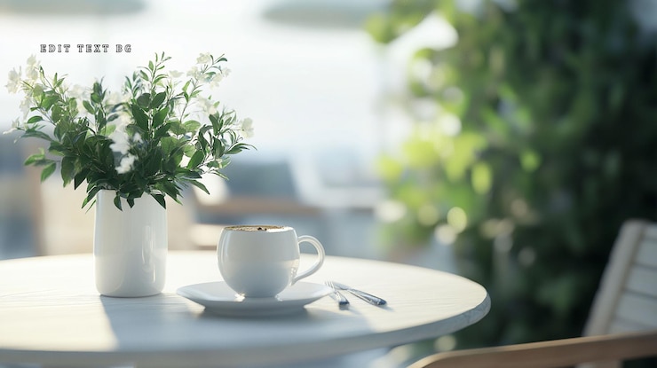 PSD カフェのテーブルにコーヒーカップと花