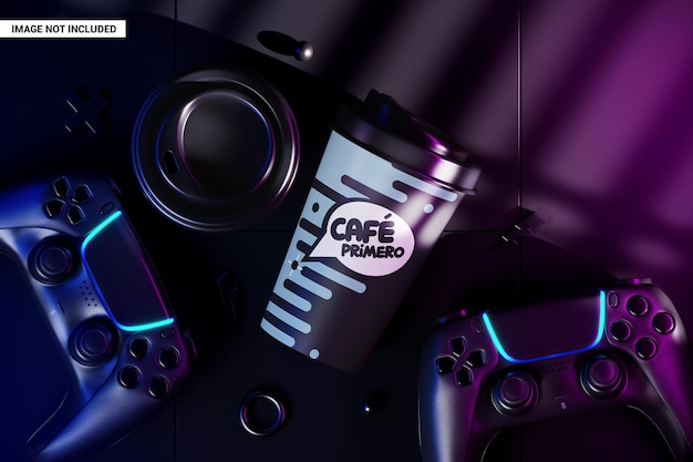 PSD coffee cup in game play scene mockup