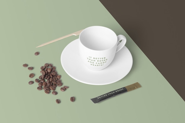 PSD tazza di caffè mockup isolato con chicchi di caffè