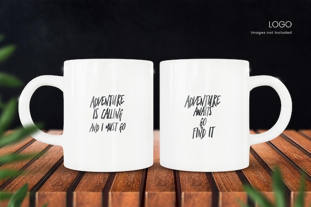 Coffee cup mockup of two mugs on wooden table