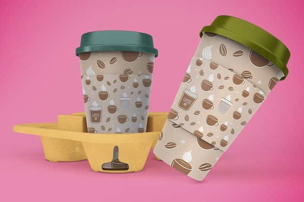 coffee cup mockup with latte art and patterned design on a plain background