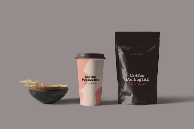 Coffee cup and pouch packaging mockup