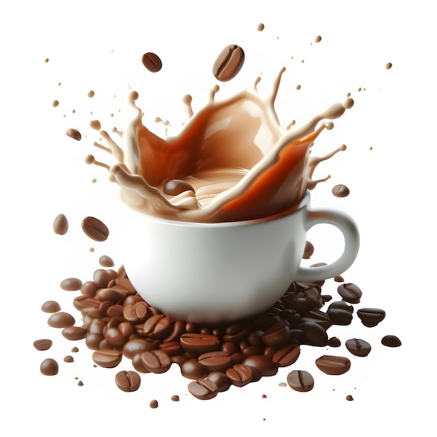 Coffee cup splash with coffee beans 3d psd