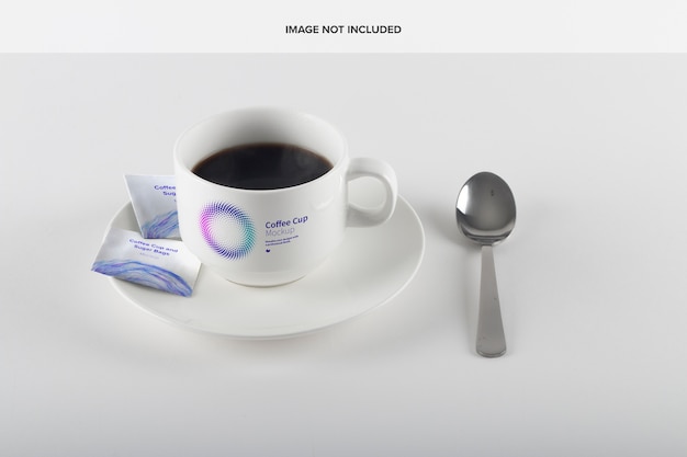 PSD coffee cup and sugar bags mockup