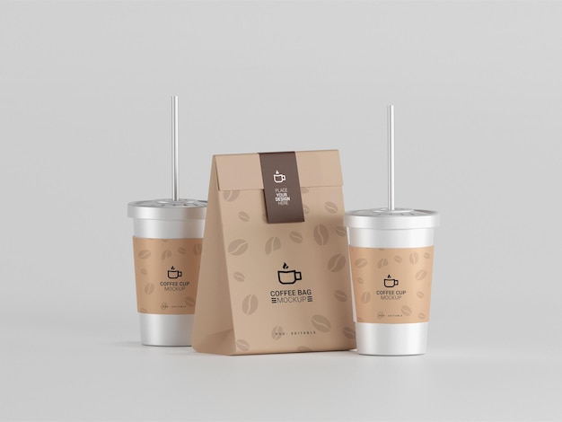 Coffee cup with coffee bag mockup