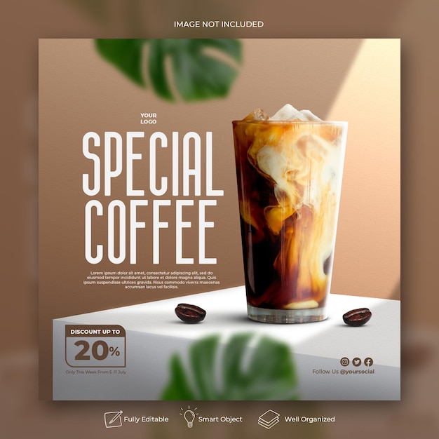 PSD modello di banner post instagram di social media per la promozione del menu della bevanda al caffè