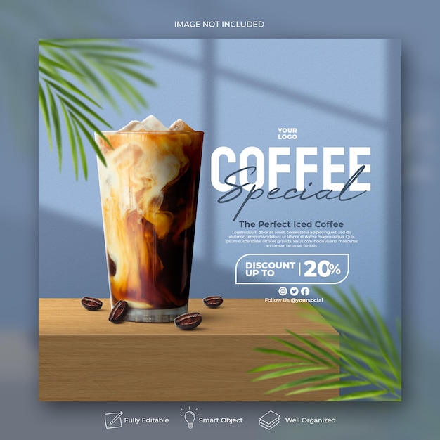 Modello di banner post instagram di social media per la promozione del menu della bevanda al caffè