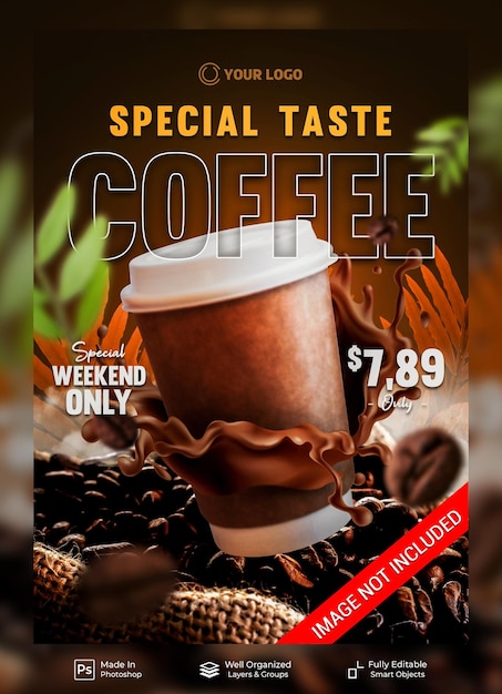 PSD coffee drink special taste menu with decorations bean coffee cafe restaurant poster banner template