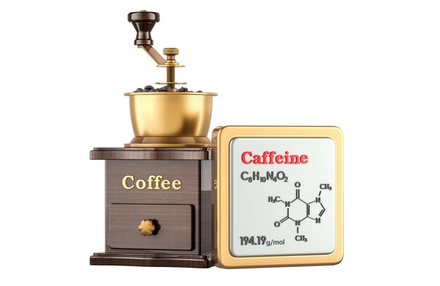 coffee grinder and caffeine icon with chemical formula molecular structure 3d rendering isolated on transparent background