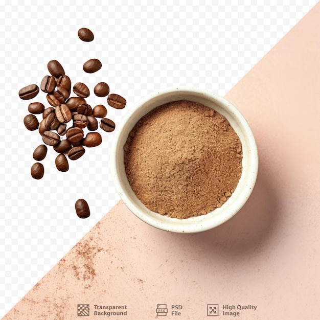PSD coffee grounds and beans in a small dish viewed from above against a transparent background
