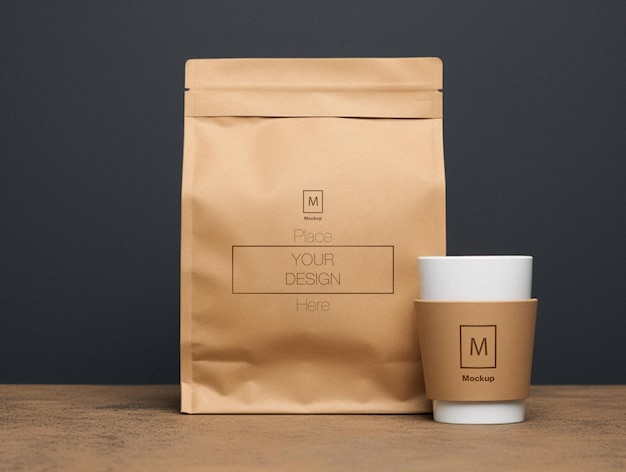 Coffee kraft bag and cup logo mockup
